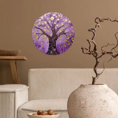 Levensboom - Boom - Paars - Goud - Modern Wandcirkel behangsticker klein -sfeer1