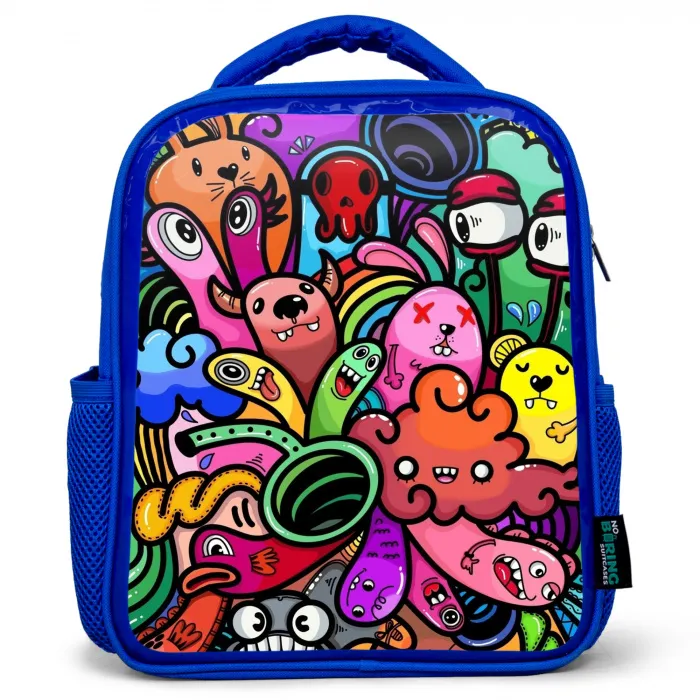 Vrolijke Monsterchaos Kinderrugzak - Blauw middel -3d