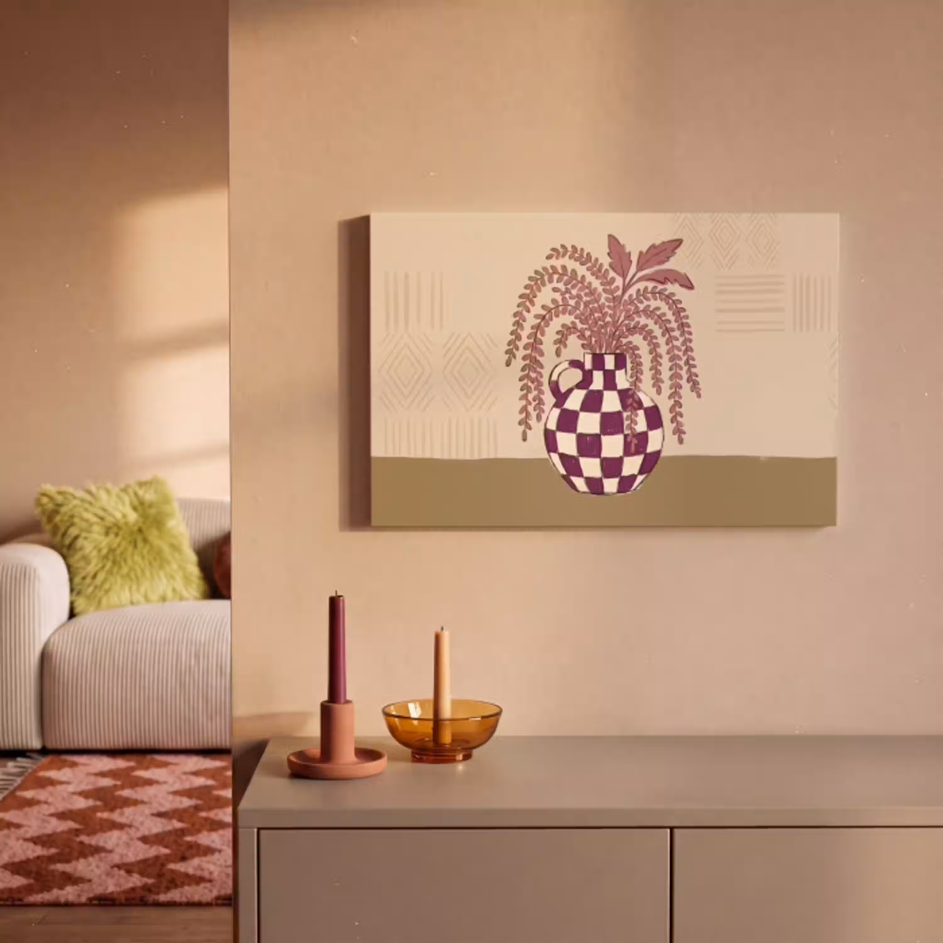 Vaas - Geruit - Planten - Modern - Paars canvas 2cm klein -sfeer1