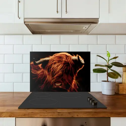 Schotse hooglander - Koe - Hoorns - Portret - Dieren keuken achterwand spatscherm klein -sfeer2