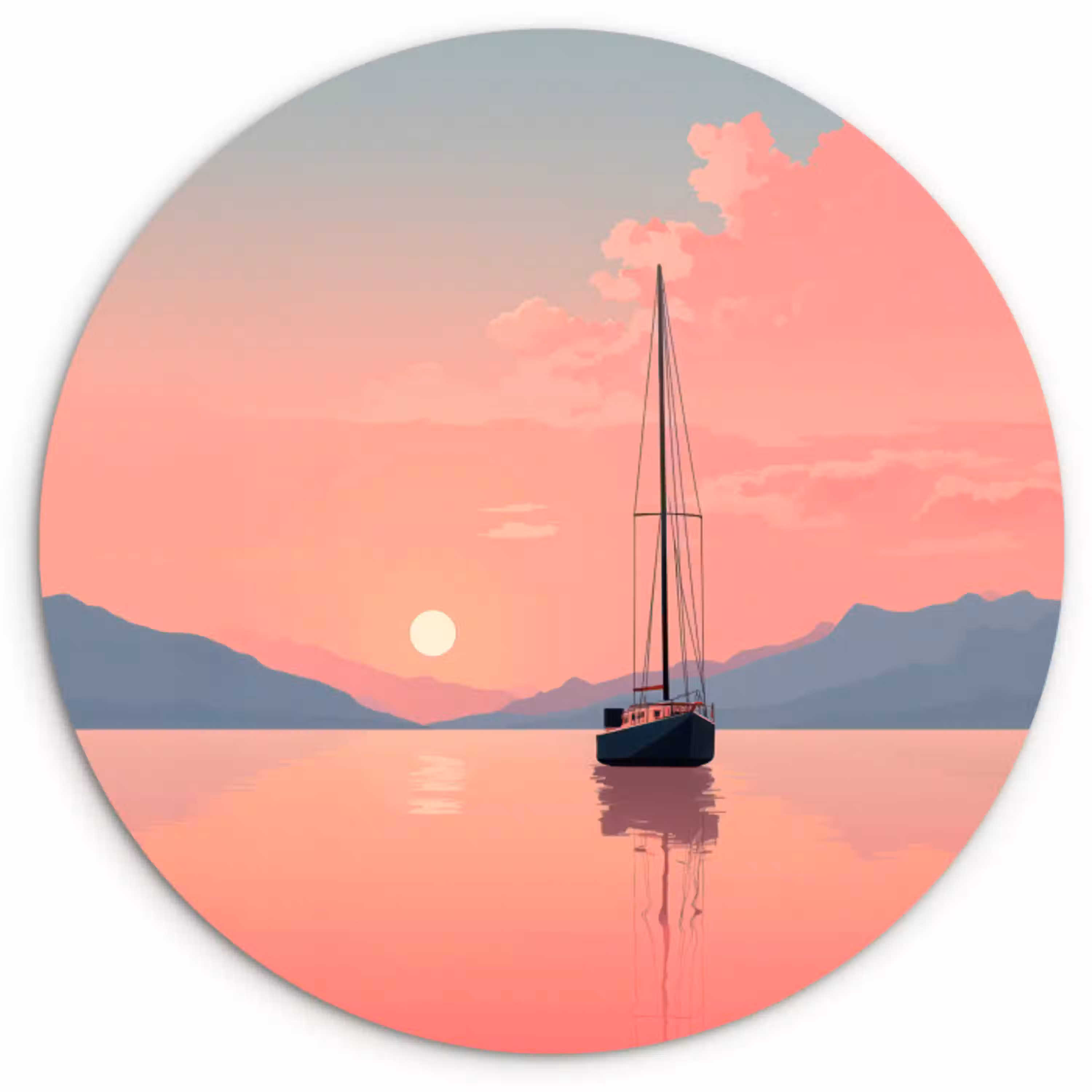 Zeilboot - Roze zee - Zonsondergang - Bergen Wandcirkel plexiglas klein -3d