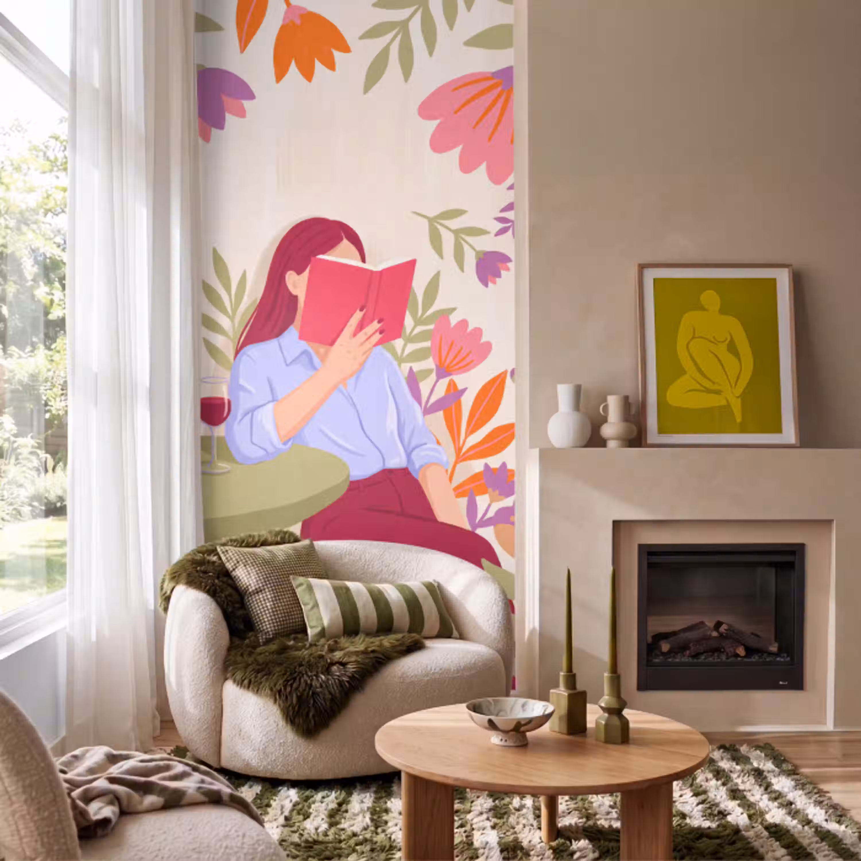 Vrouw - Lezen - Thuis - Modern - Bloemen Behang Vlies klein -sfeer2