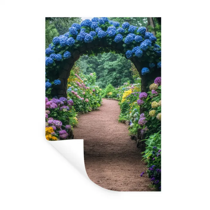 Doorkijk - Bloemen - Hortensia - Pad Muursticker klein -3d