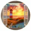 Doorkijk - Raam - Vuurtoren - Zonsondergang - Strand Wandcirkel kunststof plaat 5mm dik klein -3d
