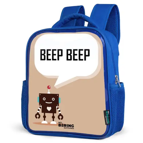 Donkerbruine robot met een tekst Kinderrugzak - Blauw middel -schuin
