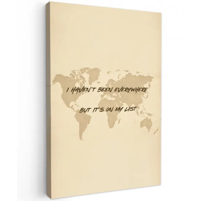 Beige - Wereldkaart - Quote - Handgeschreven Tuinposter op houten frame 2 cm dik middel -3d