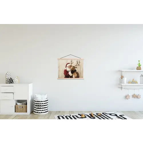 Kerstman - Rendier - Sneeuw - Kleurrijk textielposter latten blank klein -kinderkamer