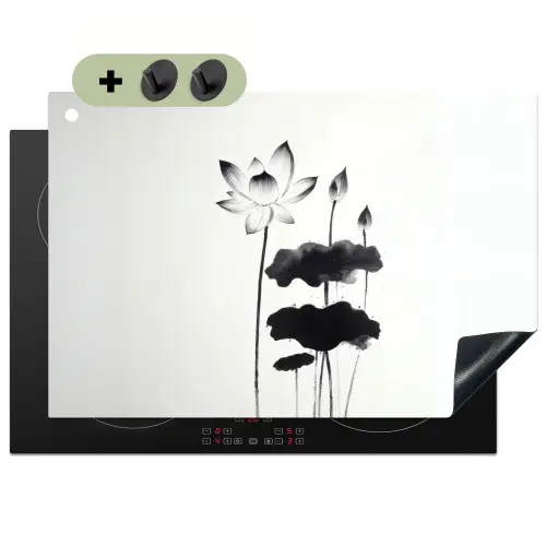 Bladeren - Zwart - Lotusbloem - Minimalitisch Inductie beschemer met haakjes klein -3d