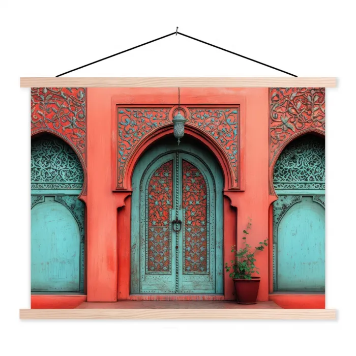 Lantaarn - Deur - Turquoise textielposter latten blank klein -3d