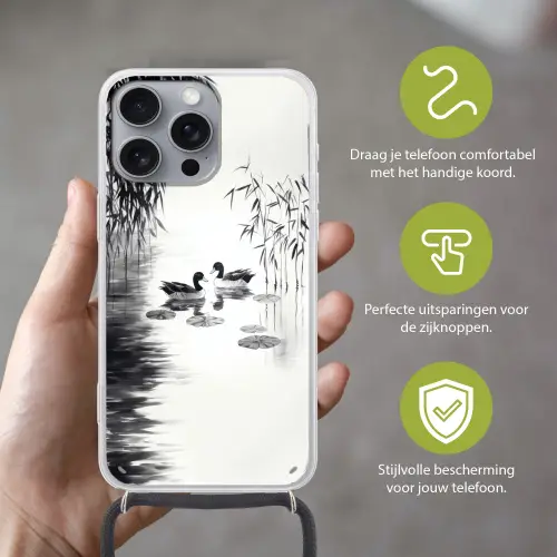 Eenden - Waterlelies - Riet - Zwart Hoesje iPhone 16 Pro Max met koord klein -sfeer2_NL