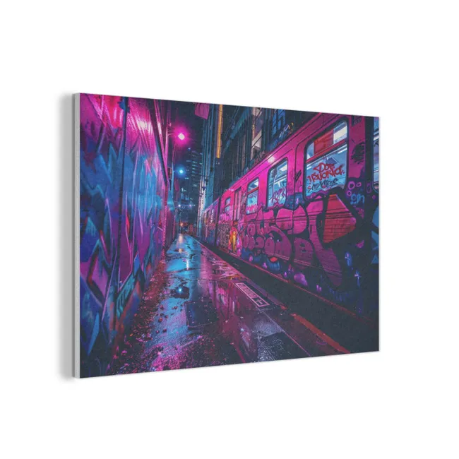 Akoestisch schilderij - Stad - Neon -  Nacht - Roze - Graffiti