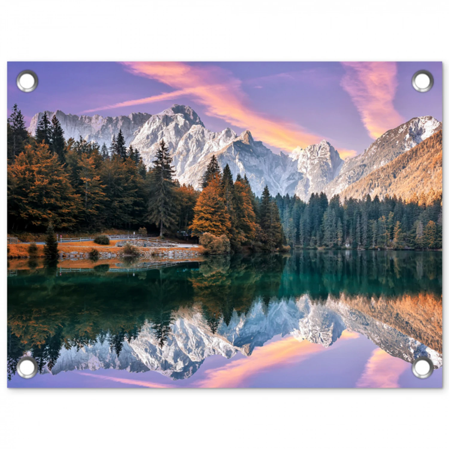 Bergen - Bos - Water - Lucht - Roze - Paars tuinposter los doek klein -3d