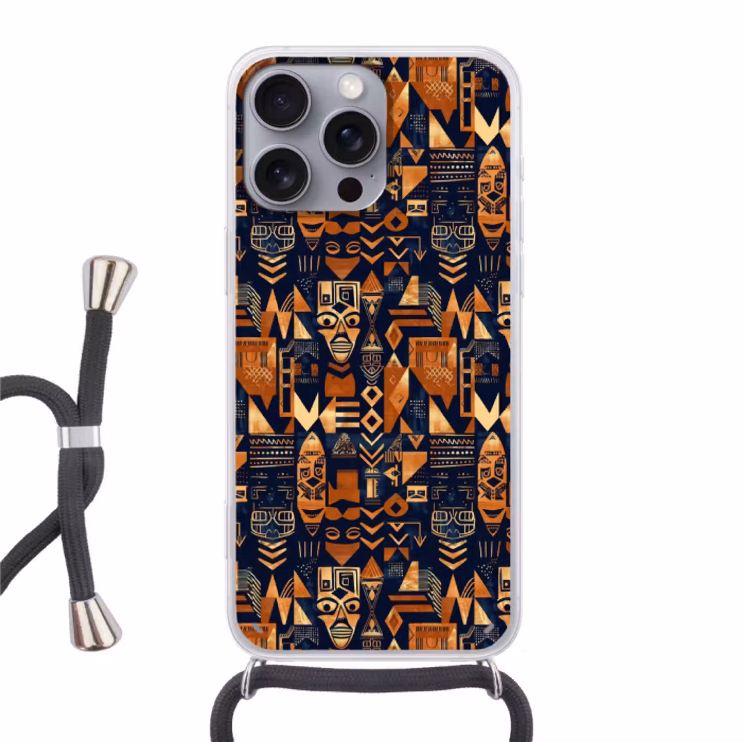 Nachtblauw - Koper - Tribaal - Maskers Hoesje iPhone 16 Pro Max met koord klein 804 -3d