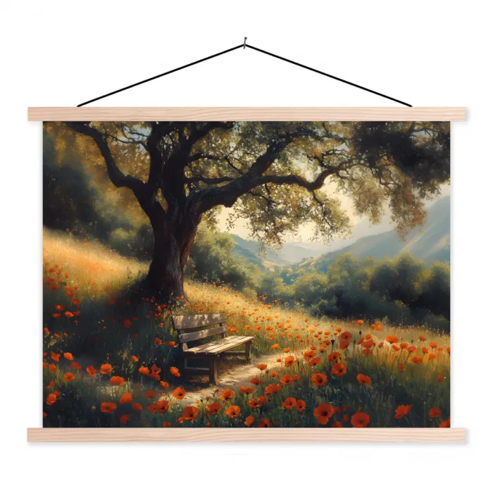 Bankje - Boom - Klaprozen - Heuvels textielposter latten blank klein -3d