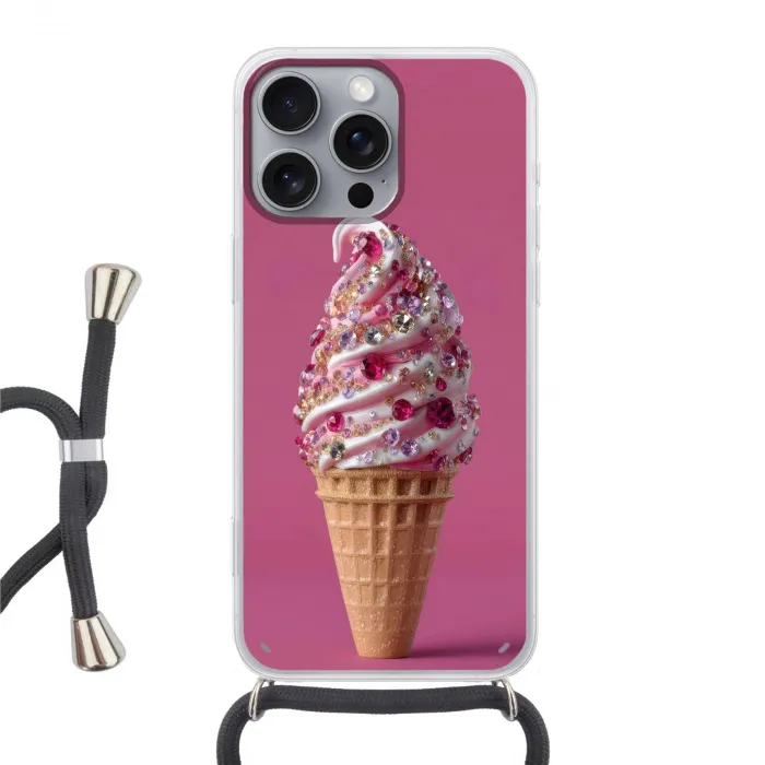 Softijs - Edelstenen - Roze - Hoorntje Hoesje iPhone 16 Pro Max met koord klein -3d