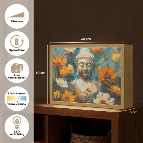 Buddha - Bloemen - Kleurrijk - Modern Light Box met batterij (Wandlamp) middel -USP_websiteoverzichtNL
