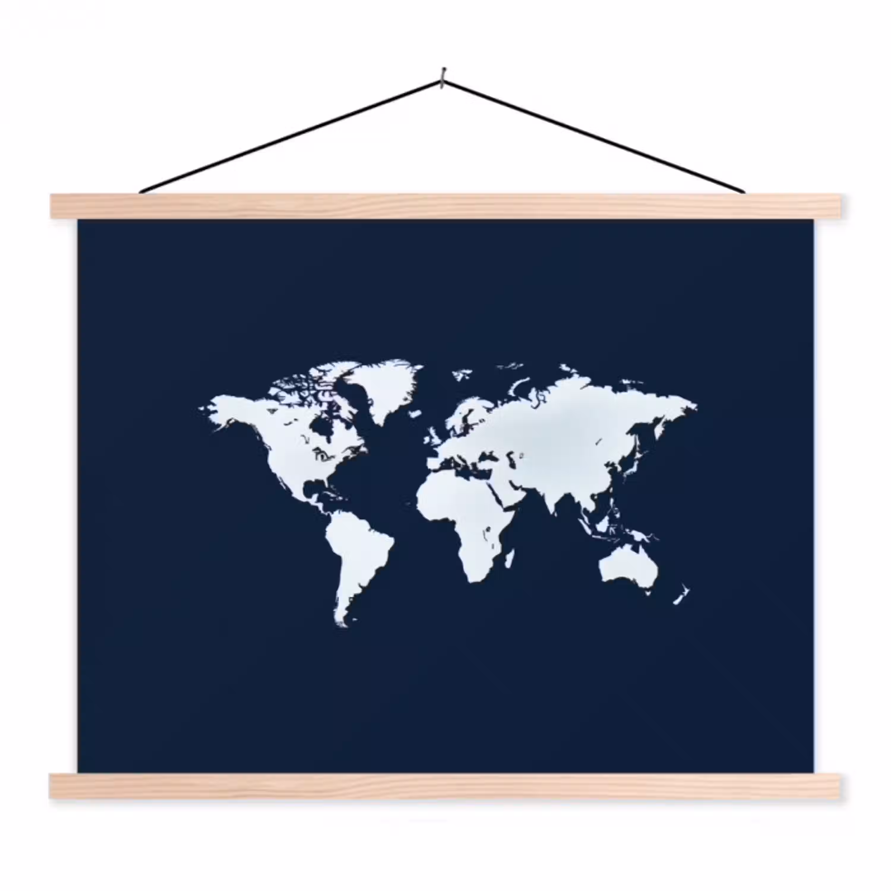 Wereldkaard - Blauw - Contrast textielposter latten blank klein -3d