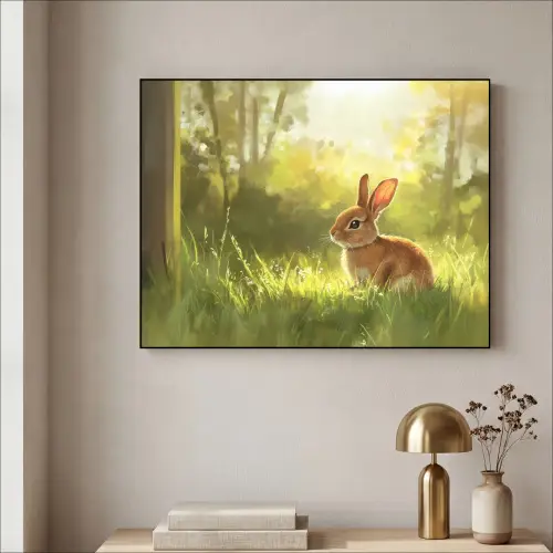 Konijn - Zonlicht - Bos Textielframe zwart klein -sfeer2