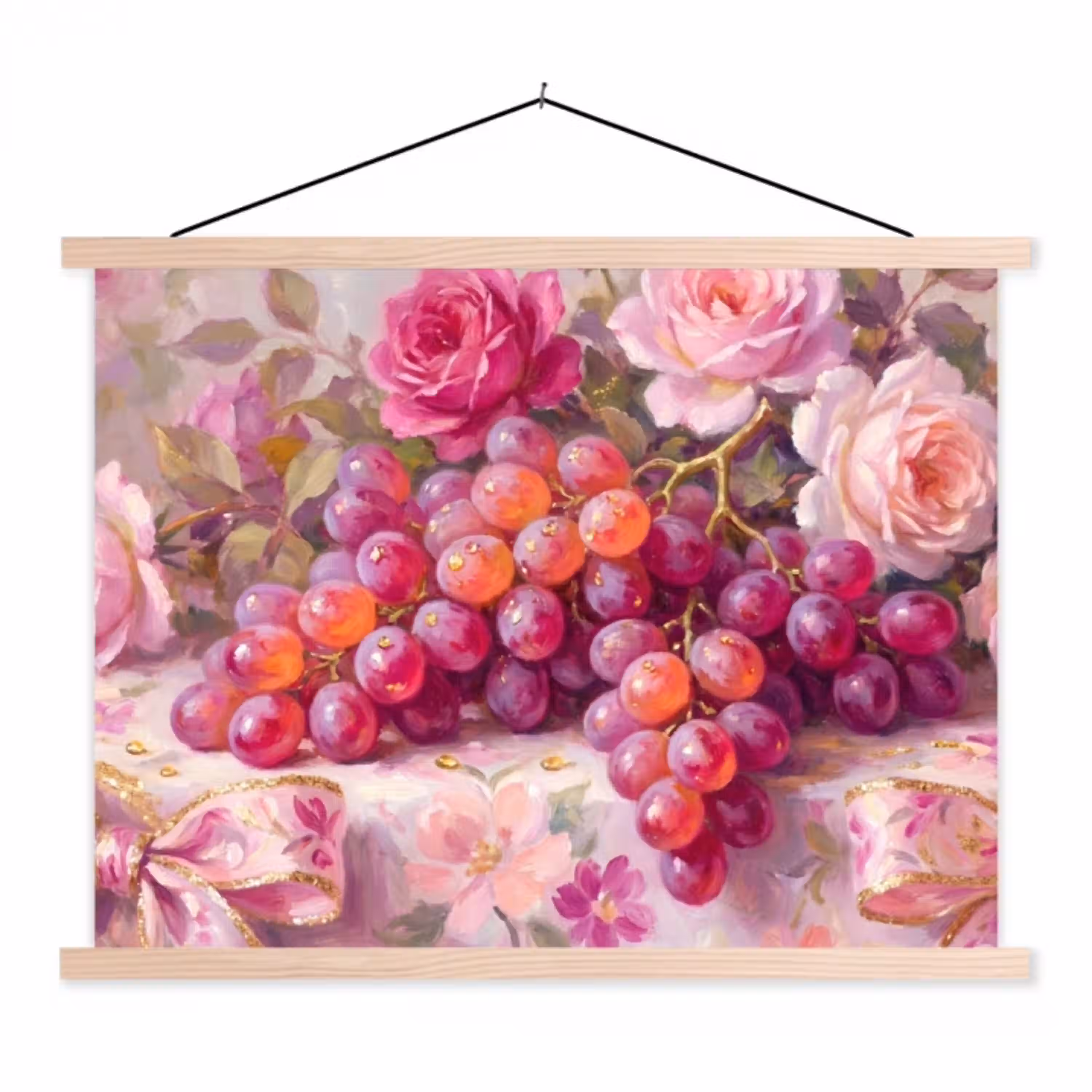 Eten - Bloemen - Stilleven - Roze - Goud textielposter latten blank klein -3d