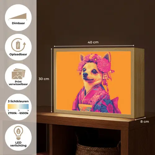 Kimono - Hondje - Bloemenkroon - Oranje Light Box met batterij (Wandlamp) middel -USP_websiteoverzichtNL