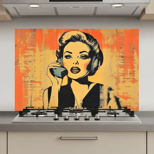 Retro - Vrouw - Koptelefoon - Oranje keuken achterwand spatscherm klein -3d_website