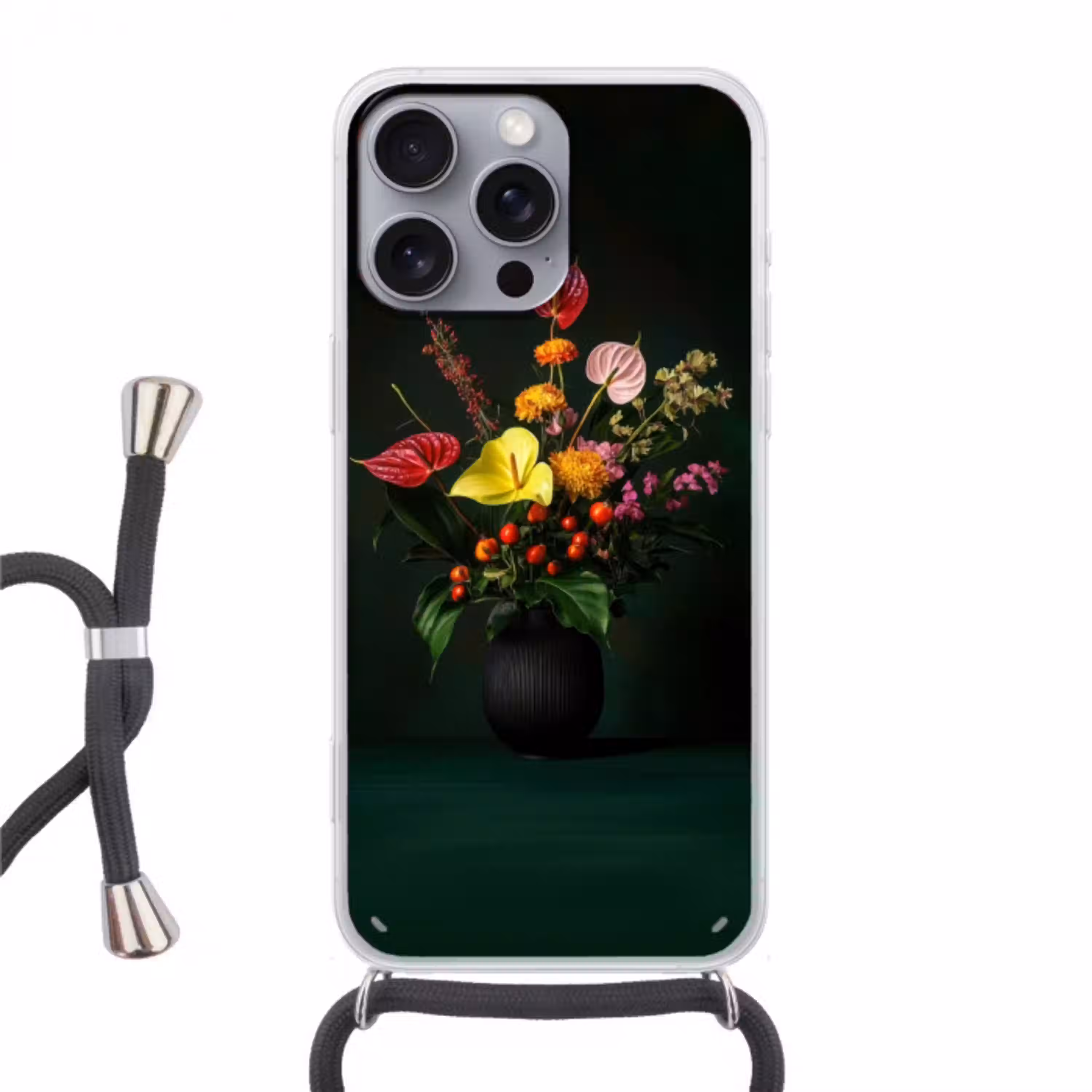 Bloemen - Vaas - Zwart Hoesje iPhone 16 Pro Max met koord klein -3d