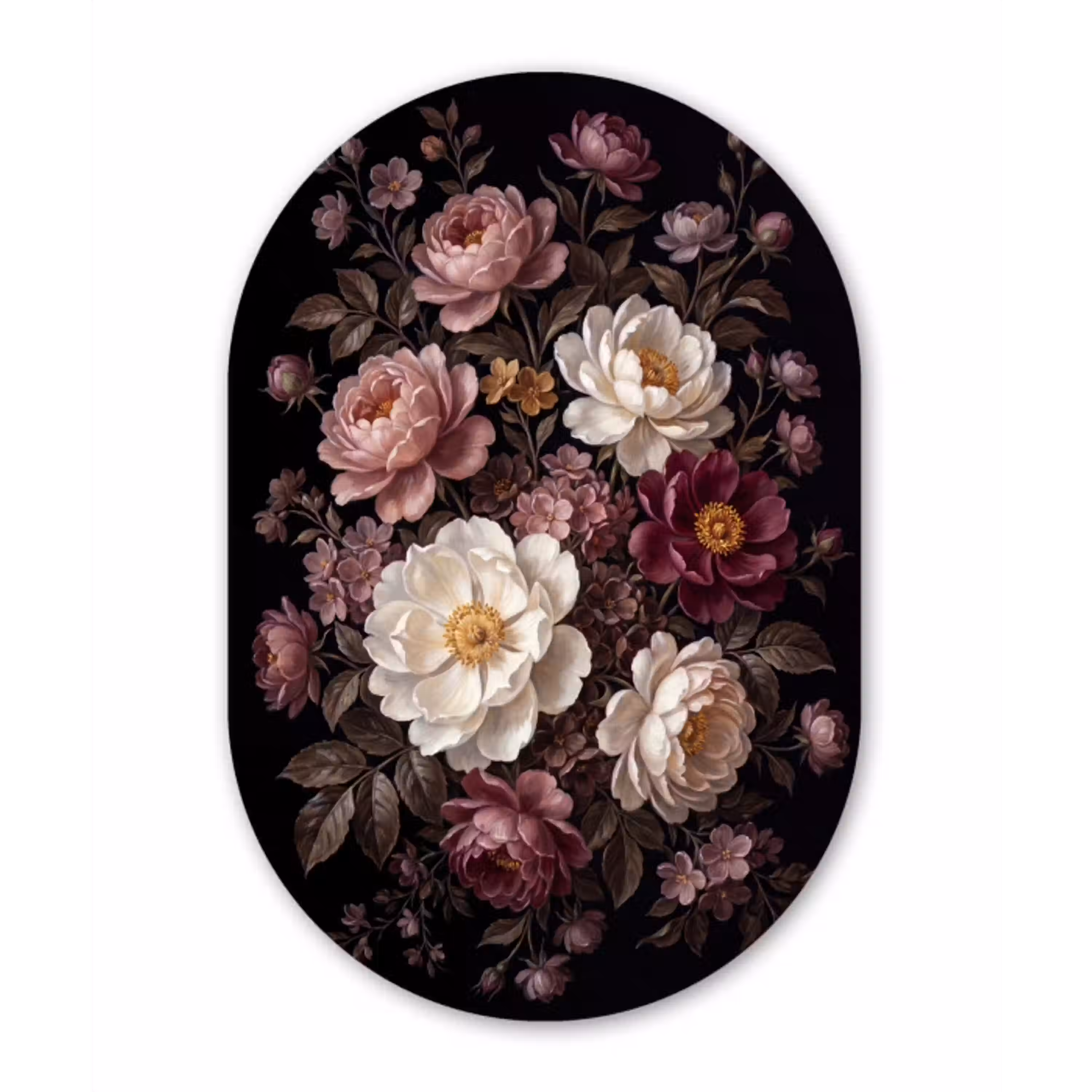 Bloemen - Boeket - Klassiek - Donker - Rood Wandcirkel Ovaal Aluminium middel -3d