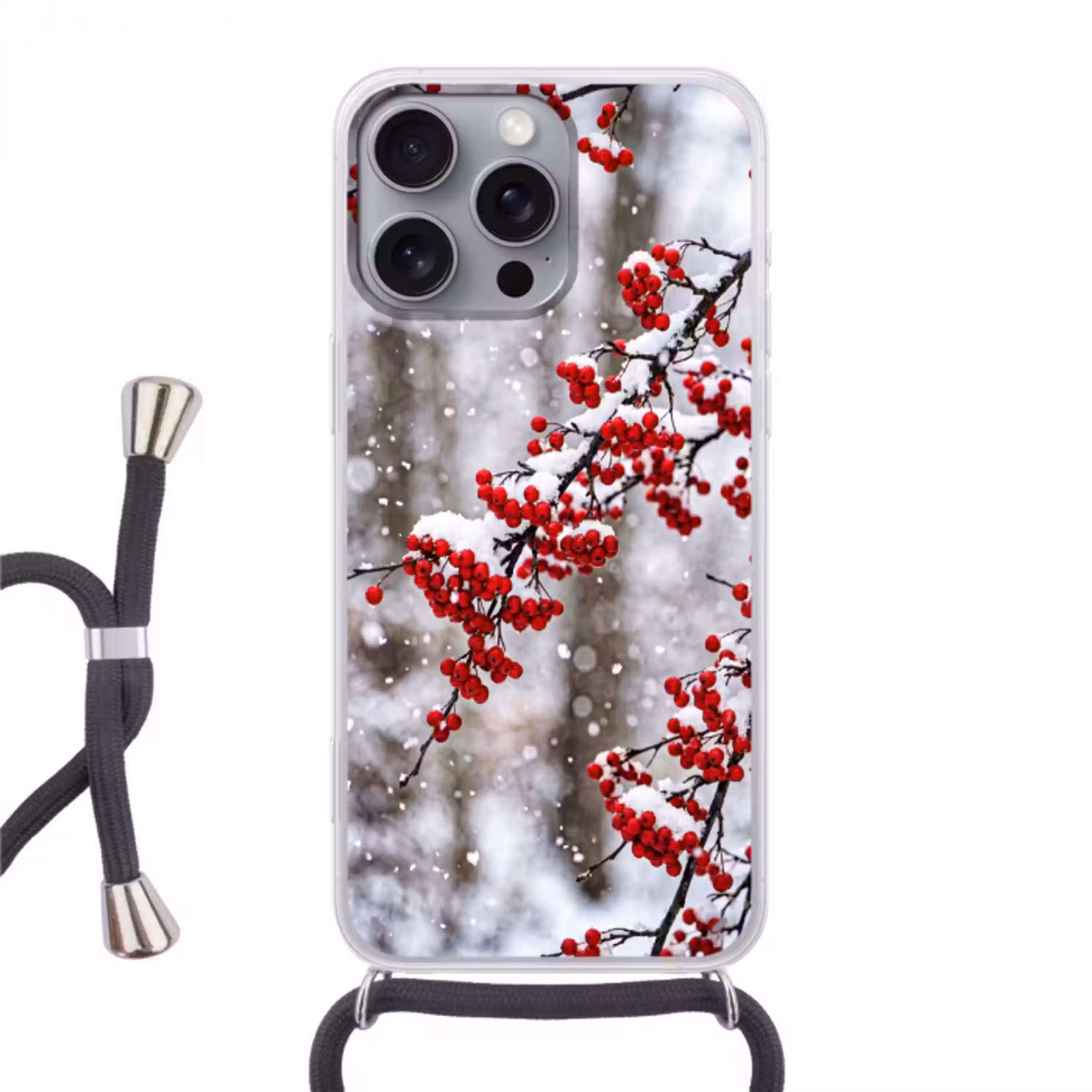 Bessen - Takken - Sneeuw - Winter - Kleurrijk Hoesje iPhone 16 Pro Max met koord klein -3d
