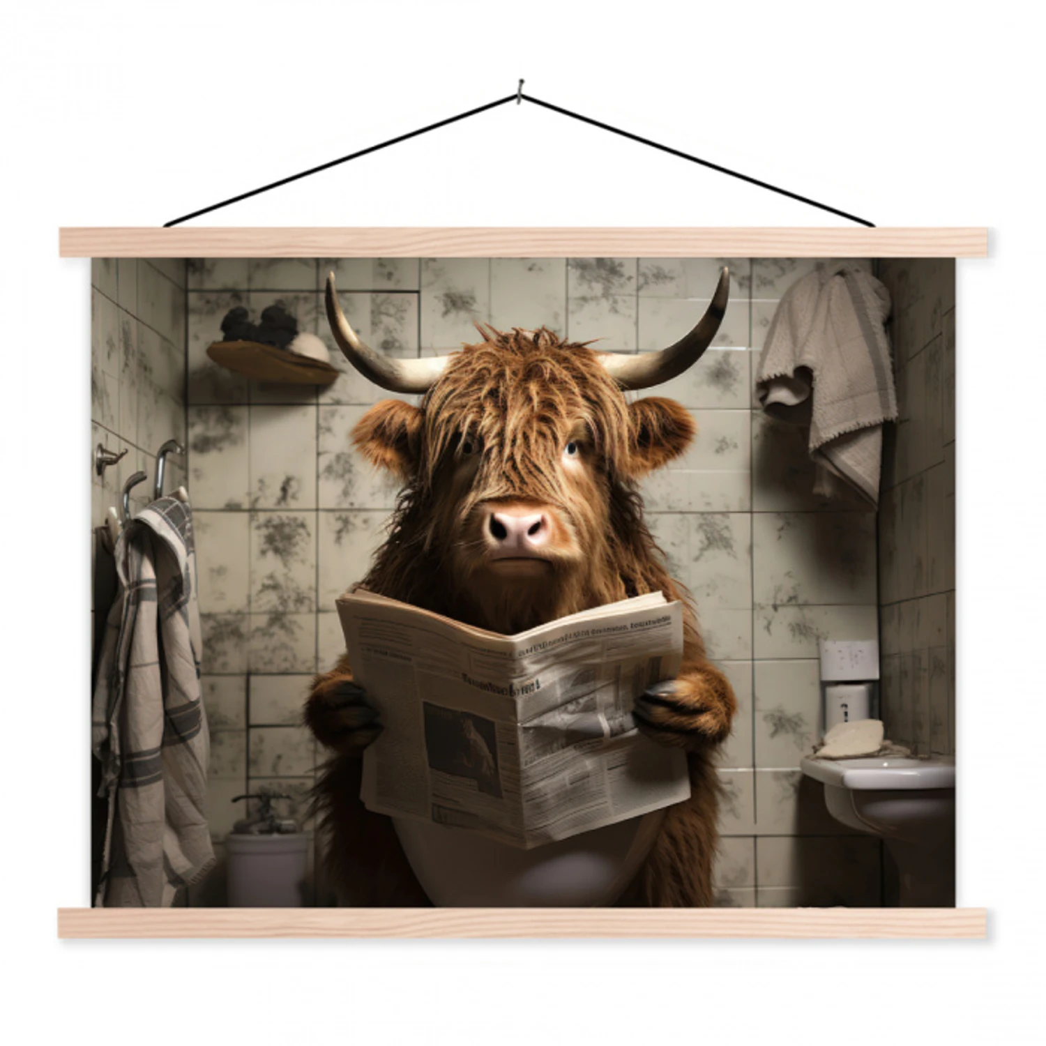 Schotse hooglander - Toilet - Krant - Badkamer textielposter latten blank klein -3d