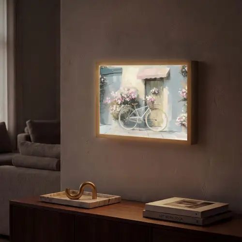 Fiets - Pastelkleuren - Bloemen Light Box met batterij (Wandlamp) middel -sfeer1