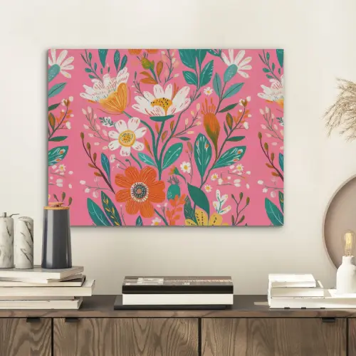 Roze - Bloemen - Wit - Oranje PET vilt klein -sfeer1