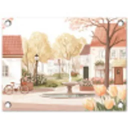 Dorpsplein - Fontein - Tulpen tuinposter los doek klein -3d