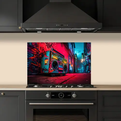 Boombox - Rood - Graffiti - Neon keuken achterwand spatscherm klein -sfeer1