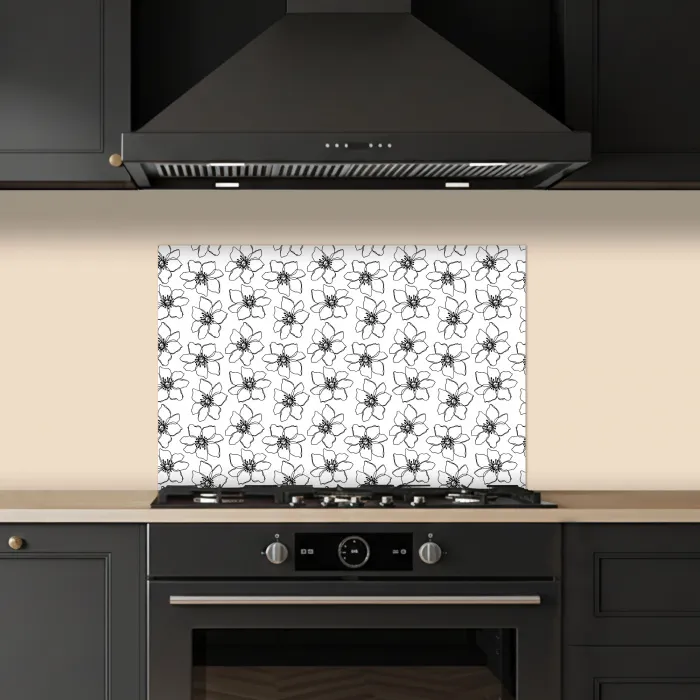 Bloemen - Patroon - Zwart - Wit keuken achterwand spatscherm klein 900 -sfeer1