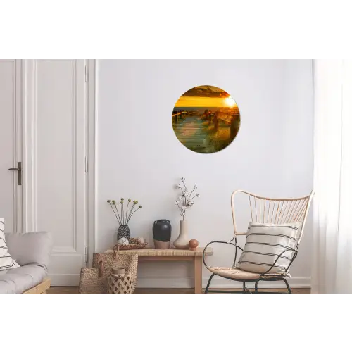 Zon - Strand - Duin - Horizon - Gras - Pad - Oranje Wandcirkel aluminium klein -woonkamer