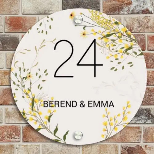 Gele bloemen - Klassiek Naambord Rond klein -sfeer2