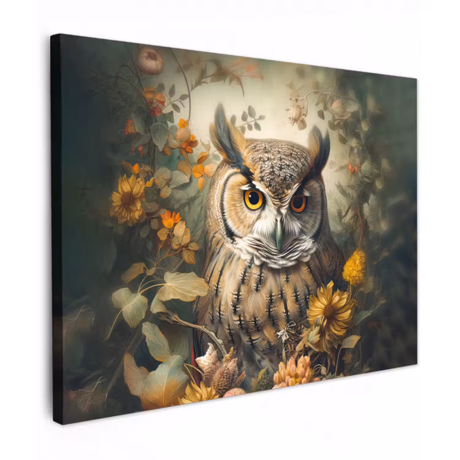 Leinwandbild - Eule - Vögel - Blumen - Natur