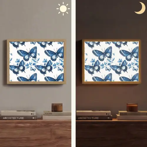 Blauw - Vlinders - Bloemen - Wit Light Box met batterij (Wandlamp) middel 907 -sfeer3