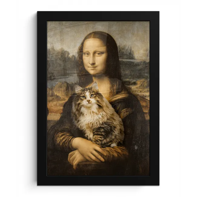 Mona Lisa - Kat - Leonardo da Vinci - Vintage - Kunstwerk - Oude meesters - Schilderij fotolijst zwart zonder passe partout klein -3d