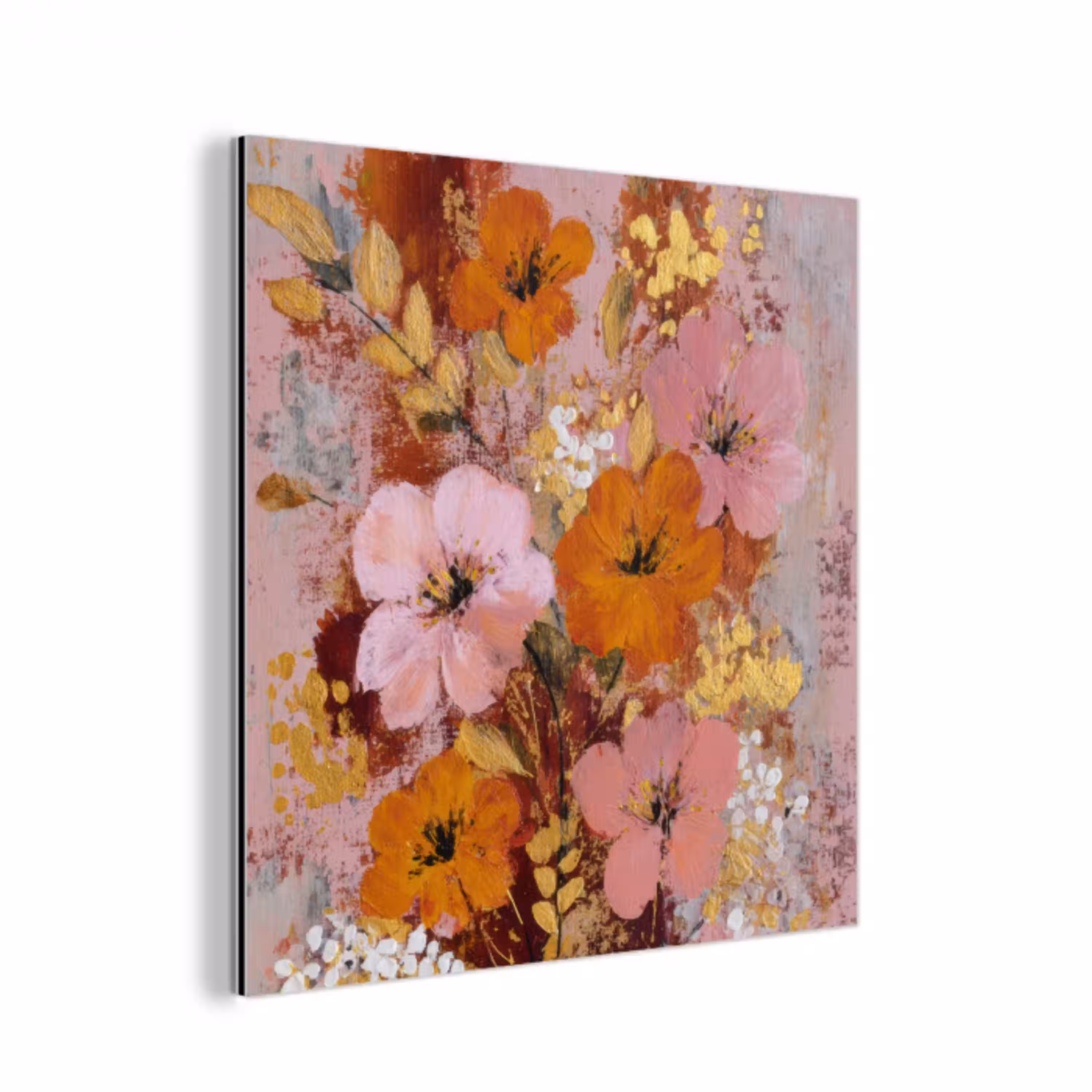 Schilderij - Bloemen - Rustiek - Roze aluminium wit klein -3d