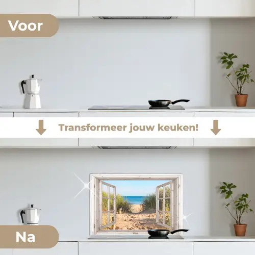 Doorkijk - Strand - Zee - Duinen - Zand - Water - Helmgras keuken achterwand spatscherm klein -voor_na_NL