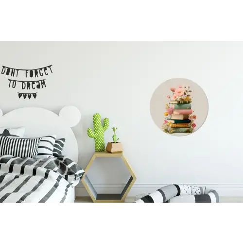Boeken - Stapel - Bloemen - Kleurrijk Wandcirkel aluminium klein -kinderkamer