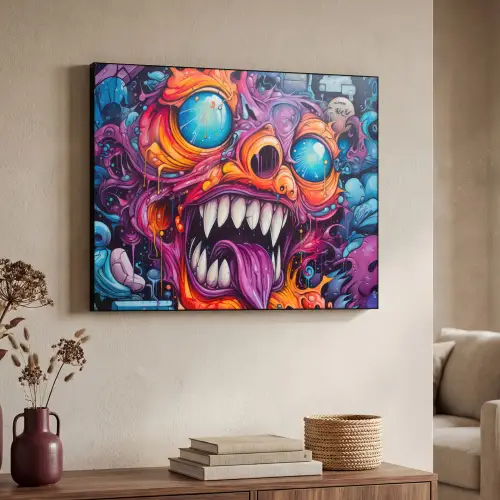 Monster - Graffiti - Kleuren - Oranje Textielframe zwart klein -sfeer3