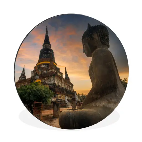 Tempel - Zonsondergang - Boeddha beelden - Buddha Wandcirkel aluminium klein -3d