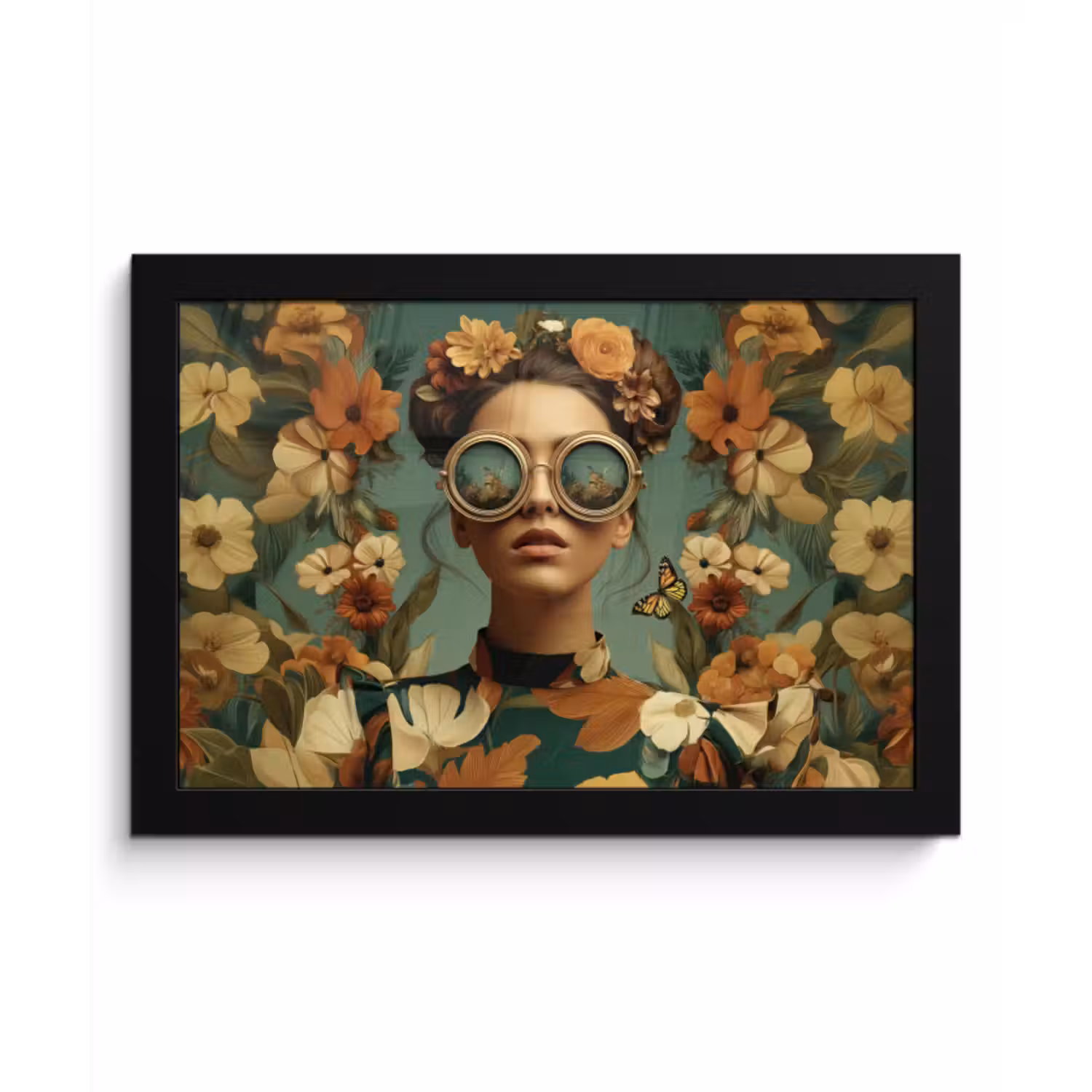 Poster met lijst - Bloemenkrans - Vrouwengezicht - Zonnebril - Oranje