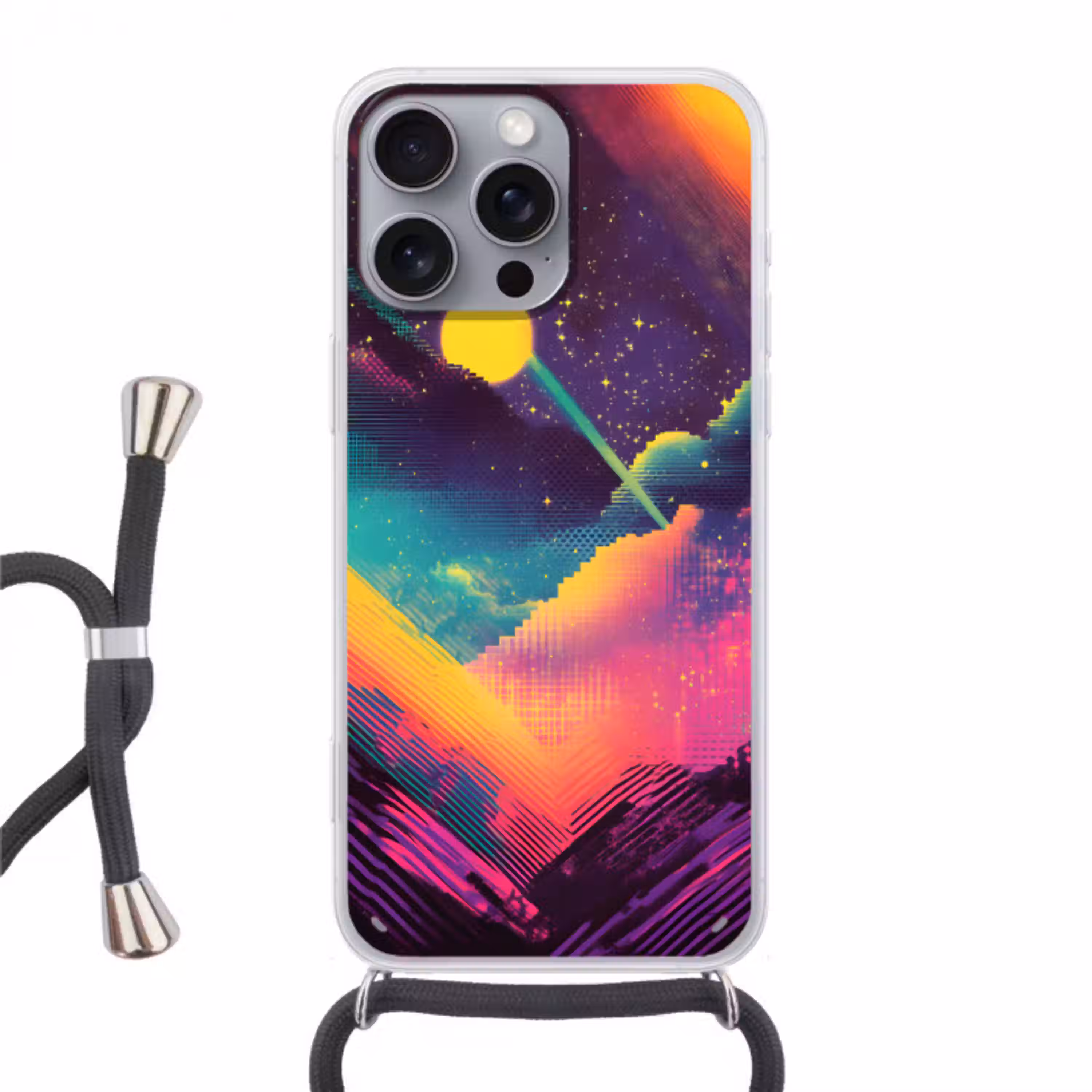 Sterren - Bergen - Kleurrijk Hoesje iPhone 16 Pro Max met koord klein -3d