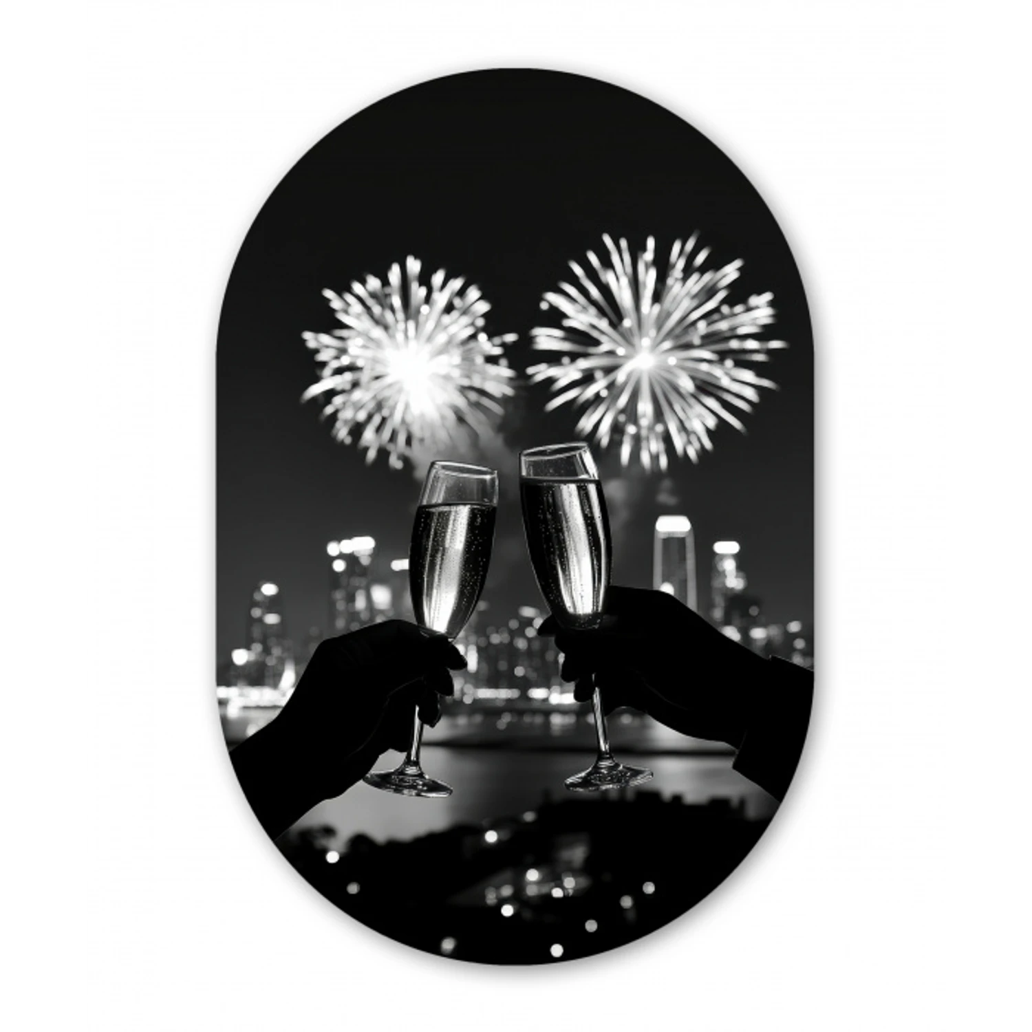 Vuurwerk - Proosten - Skyline - Champagne Wandcirkel Ovaal Forex klein -3d