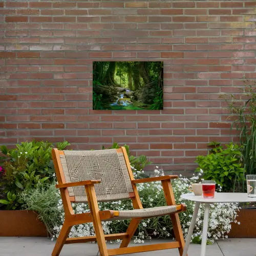 Waterval in het Regenwoud Tuinposter op houten frame 2 cm dik klein -sfeer3