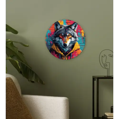 Graffiti - Wolf - Street art - Blauw Wandcirkel kunststof plaat 5mm dik klein -sfeer3