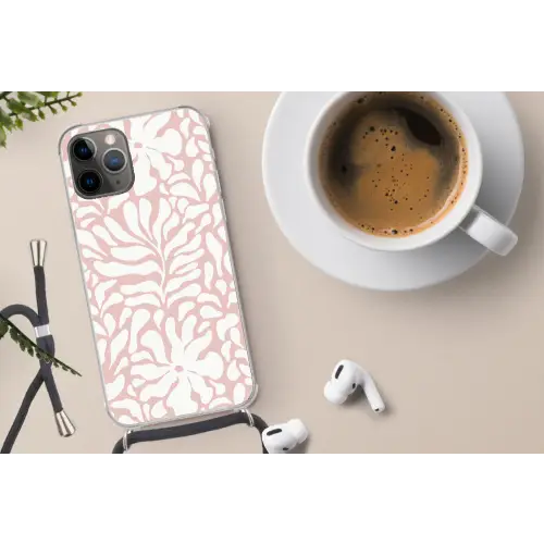 Bloemen - Patroon - Roze - Wit Hoesje iPhone 12 Pro met koord klein -oordop